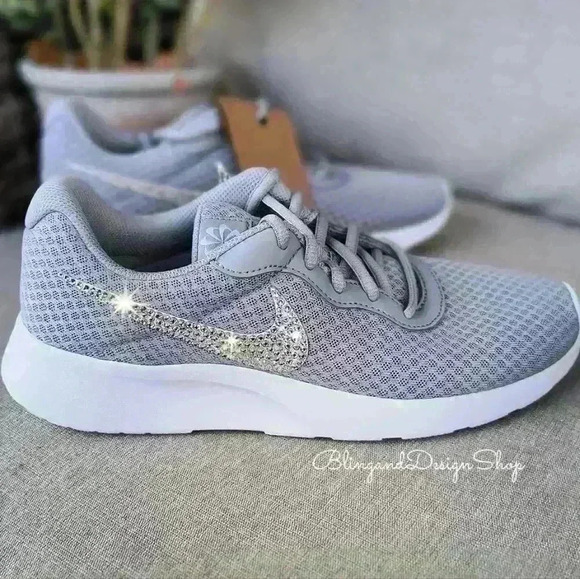 Women's Nike Tanjun Gray Sneakers made with Swarovski Crystals Custom - Picture 1 of 8